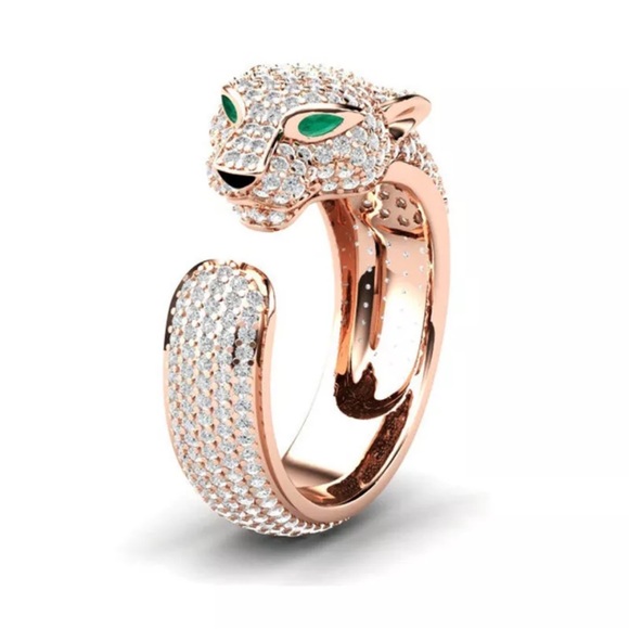 Rose Gold Plated Leopard Head Diamond Ring Open Adjustable Ring Fashion Jewelry - Picture 5 of 9